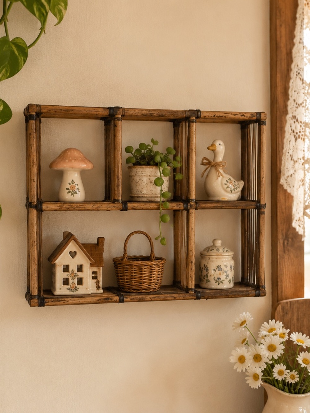 Vintage Wicker Rattan Trinket Shelf Wall Hanging Boho Cottage Core Decor Chic